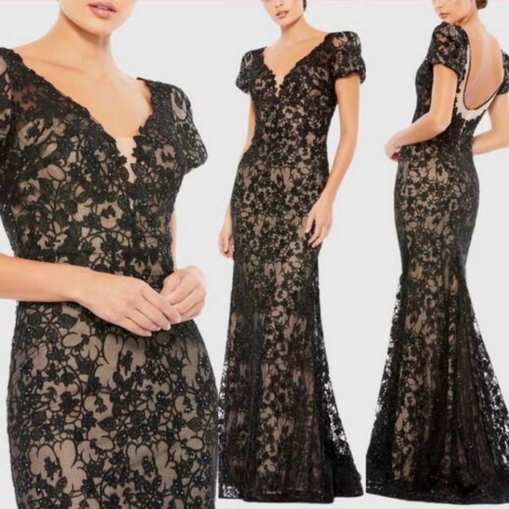 NWD Mac Duggal [ 4 ] 50644 Lace Plunge Neck Short PuffSleeve Trumpet Gown Black